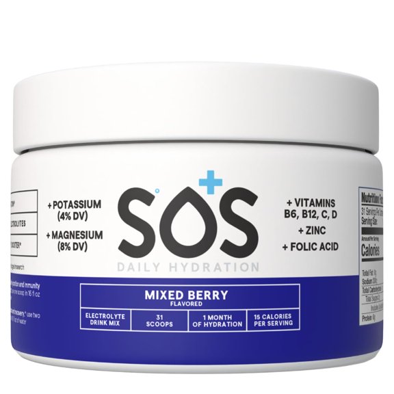 SOS Hydration Daily Electrolyte Drink Mix, Mixed Berry, Low Sugar, Vitamins B6 B12 C D, Potassium Magnesium Zinc, 31-Serving