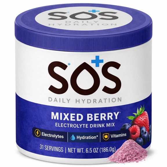 SOS Hydration Daily Electrolyte Drink Mix, Mixed Berry, 31-Serving Tub, Low Sugar, Vitamins B6 B12 C D, Potassium Magnesium Zinc