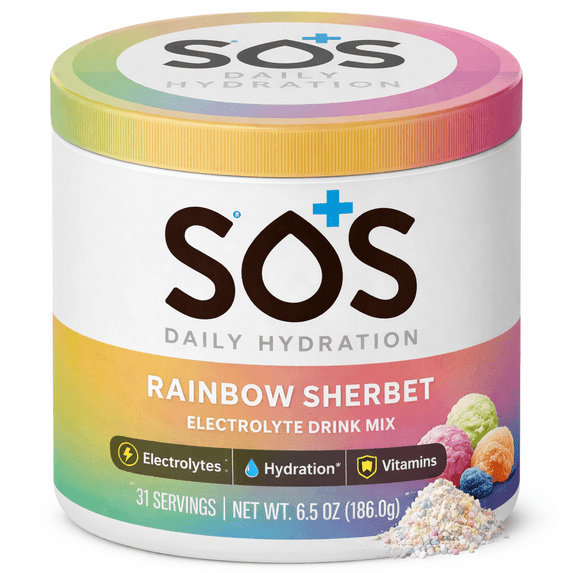 SOS Hydration Daily Electrolyte Powder Drink Mix, Rainbow Sherbet, Low Sugar, 31-Serving