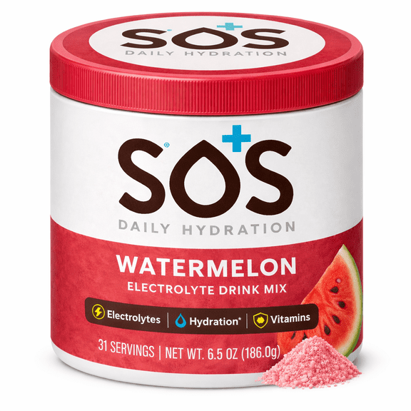 SOS Hydration Daily Electrolyte Drink Mix, Watermelon, 31-Serving Tub, Low Sugar, Vitamins B6 B12 C D, Potassium Magnesium Zinc