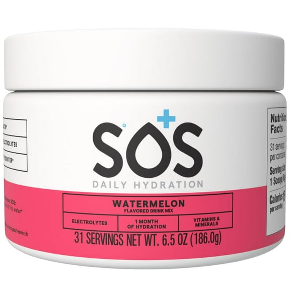 SOS Hydration Daily Electrolyte Drink Mix, Watermelon, 31-Serving Tub, Low Sugar, Vitamins B6 B12 C D, Potassium Magnesium Zinc