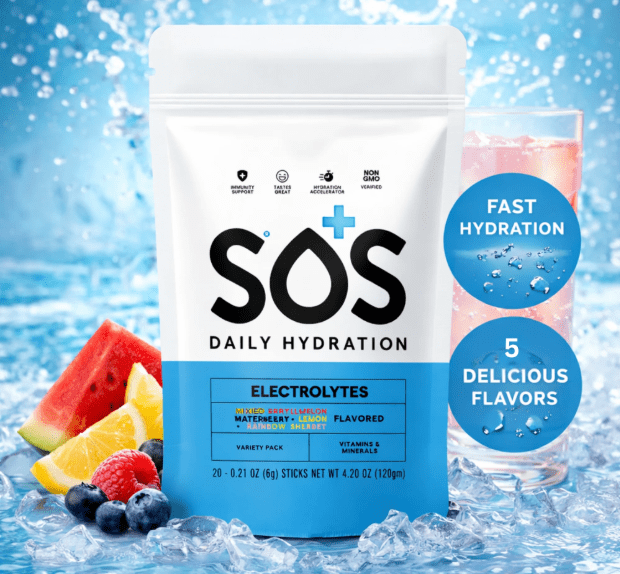 SOS Hydration, Electrolyte Powder Packets – Low-Calorie, Low Sugar, Rapid Rehydration, Made in USA, Keto & Vegan Friendly 5-Flavor Variety Pack, 20 Sticks