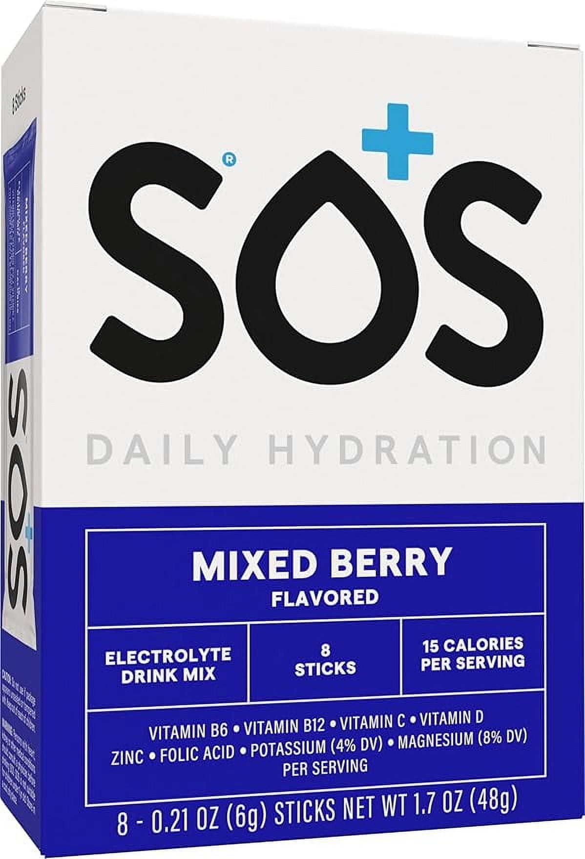 SOS Hydration Electrolyte Powder Packets, Mixed Berry Flavor Sticks, 8 Count, 2 Pack