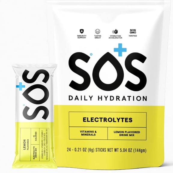 SOS Hydration Lemon Electrolyte Drink Mix 24 Servings, with Essential Vitamins