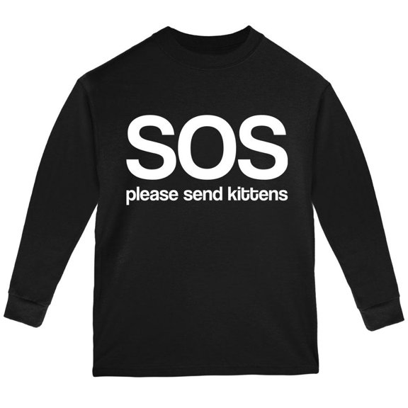 SOS Please Send Kittens Youth Long Sleeve T Shirt Black YXL