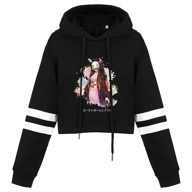 SOSPIRO Kids Anime Demon Slayer Crop Tops Girls Striped Long Sleeve Fashion Hoodies Pullover Sweatshirts 5 13 Years Black Nezuko 11 13 Years
