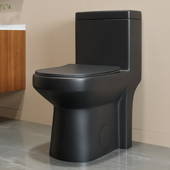 SOTOMO Compact One-Piece Toilet, Matte Black, 12" Rough-In, Space-Saving Round Bowl, Dual Flush 1.28 GPF, Skirted, Quiet UF Soft-Close Seat