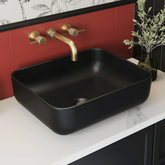 SOTOMO MJ-695 Matte Black Soft Rectangular Ceramic Vessel Sink for Bathroom, 19.7” x 15.4” x 5.5” Top Mount Design
