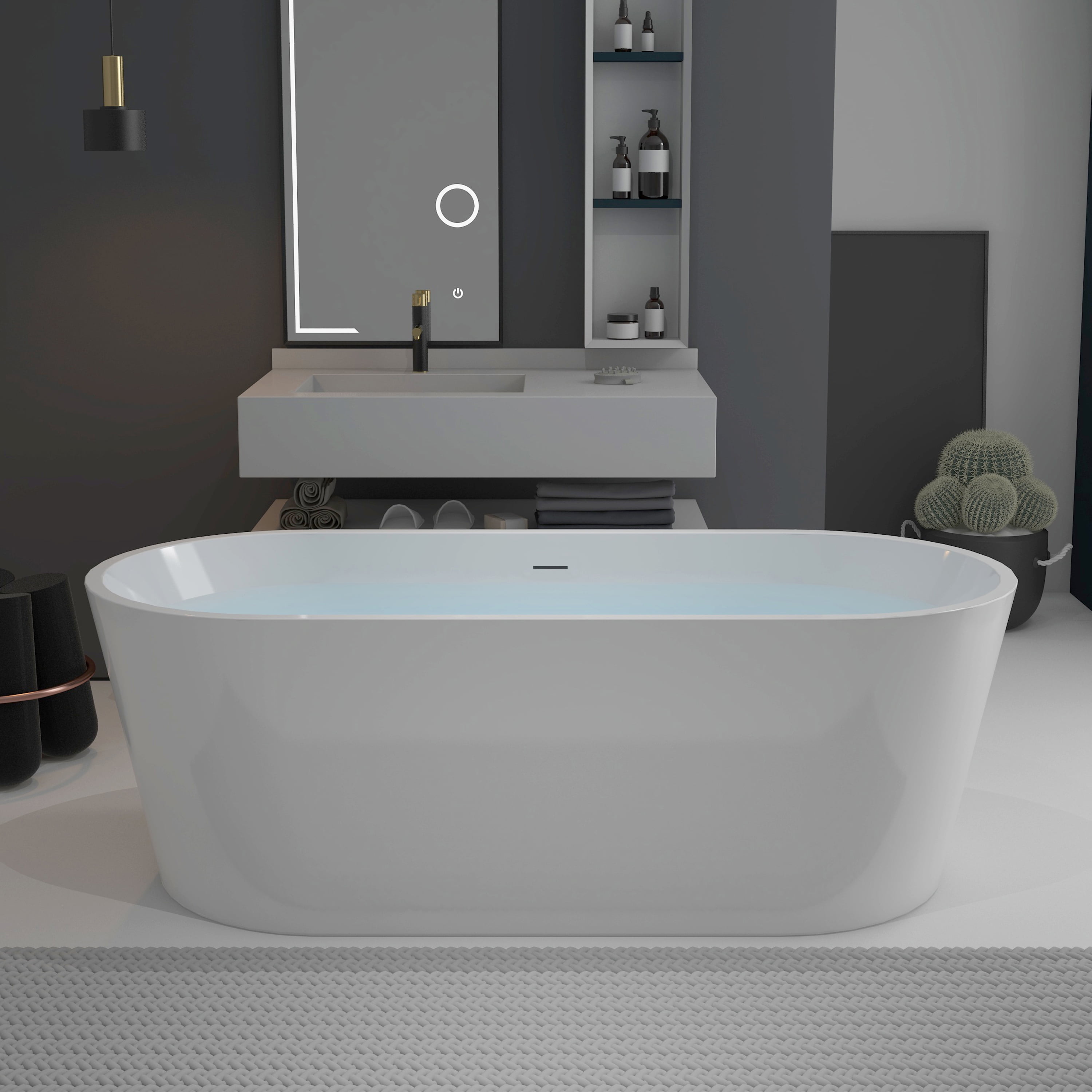 55'' Glossy White Acrylic Freestanding Soaking Bathtub