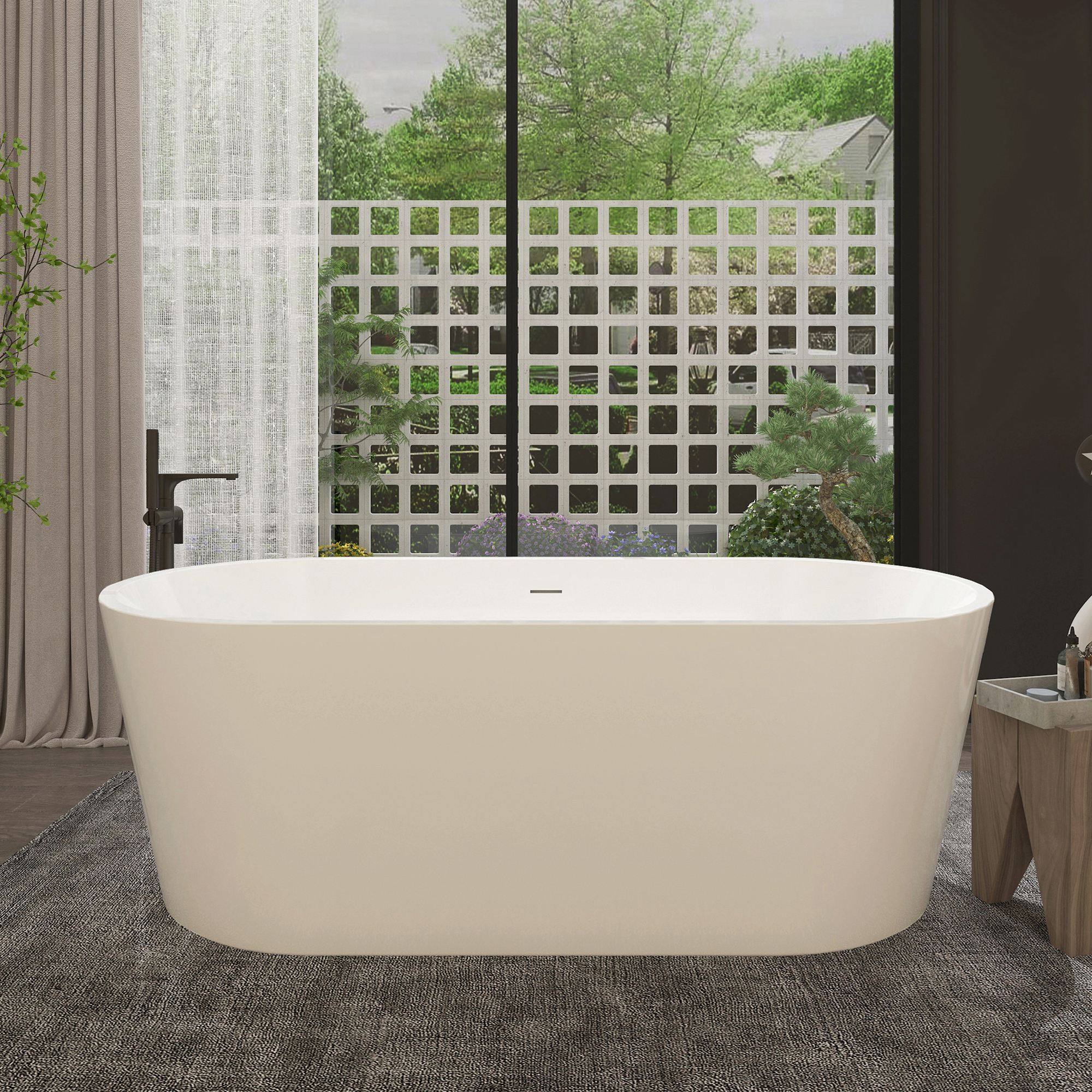 SOTUBX Free Standing Tub 59" Deep Soaking Bath Tub Contemporary Acrylic Freestanding Bathtub