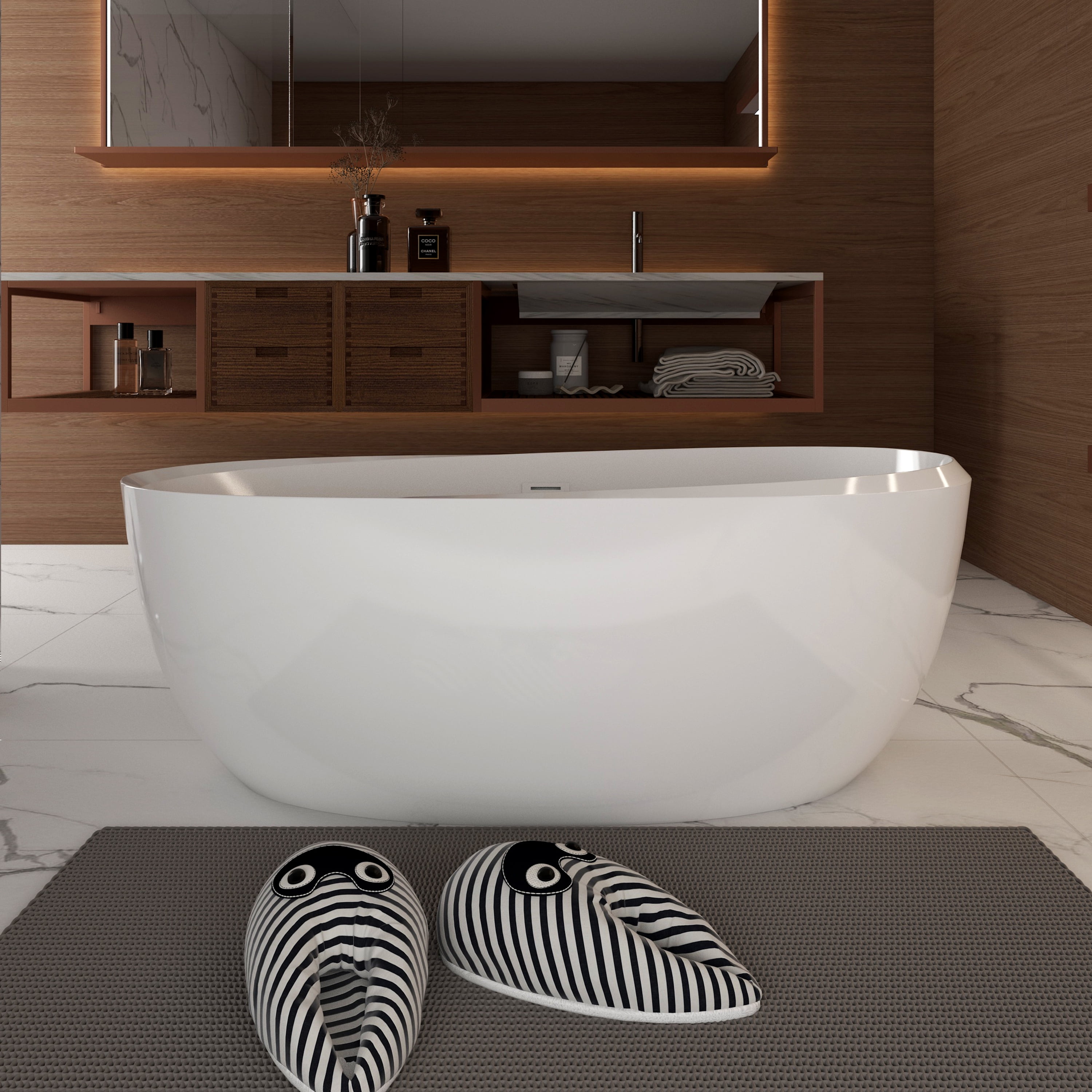 Glossy White 59" Acrylic Freestanding Soaking Tub with Brass Finish