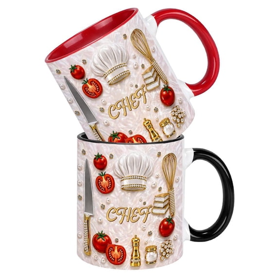 SOUG Chef Hat Crown Coffee Mug Kitchen Utensil Design Knife Fork Spoon Whisk Theme Ceramic Cup Gift for Chefs Cooking Lovers Kitchen Staff Gift Mug