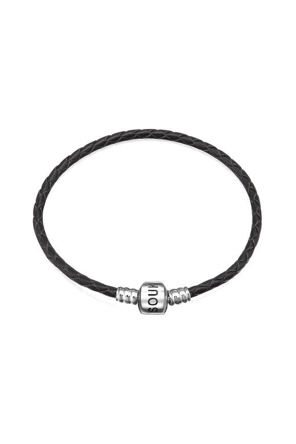 Genuine Black Leather Woven Bracelet with 925 Sterling Silver Barrel Snap Clasp Bead Bracelet for Charms (21 cm-8.3 inches) C113