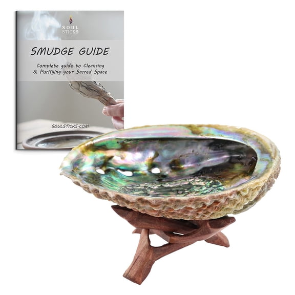 SOUL STICKS Abalone Shell with Wooden Tripod Stand for Smudging Sage, Herbs, Incense, Resin, and Palo Santo  Sustainably Sourced Shell Ashtray with Smudge Guide  Available in 3 Sizes 5 Inch
