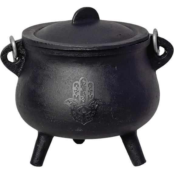 SOUL STICKS Reusable 6 Cast Iron Cauldron with Lid and Hanging Handle for Spell Casting, Smudging, Ritual & Blessings Pot Belly Witchcraft (Hamsa Hand)