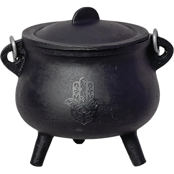 SOUL STICKS Reusable 6 Cast Iron Cauldron with Lid and Hanging Handle for Spell Casting, Smudging, Ritual & Blessings Pot Belly Witchcraft (Hamsa Hand)