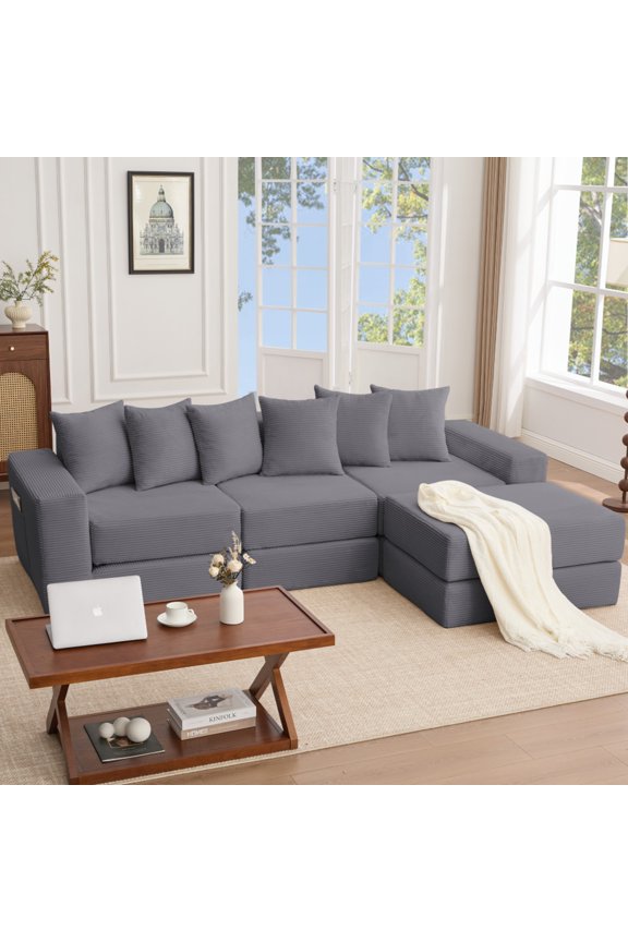 102.00" Cloud Couch, Gray Sectional Sofa, Convertible Floor Sleeper Sofa for Living Room, No Assembly Required with 6 Pillows