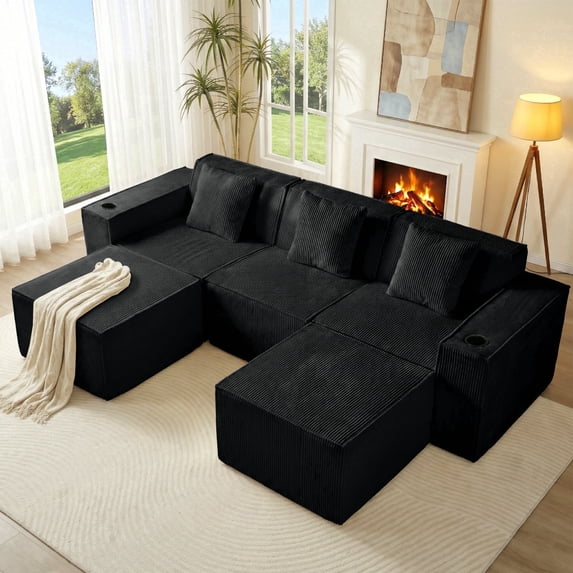 SOULART 105.3" Boneless Couch Sectional,Boneless Couches for living room,U-Shaped Cloud Sofa,3 Seat Sofa with 2 Ottomans, No Assembly Required,Black