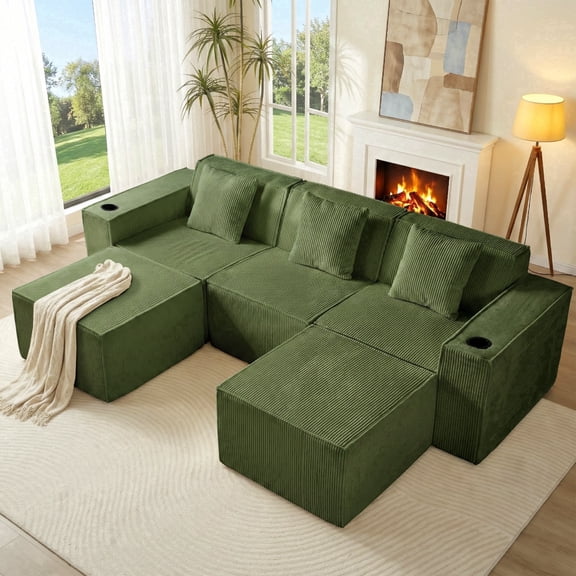 SOULART 105.3" Boneless Couch Sectional,Boneless Couches for living room,U-Shaped Cloud Sofa,3 Seat Sofa with 2 Ottomans, No Assembly Required,Green