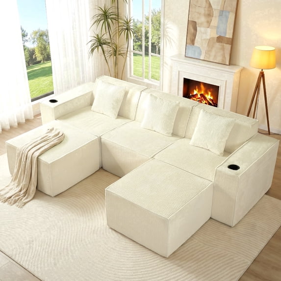 SOULART 105.3" Boneless Couch Sectional,Boneless Couches for living room,U-Shaped Cloud Sofa,3 Seat Sofa with 2 Ottomans, No Assembly Required,White