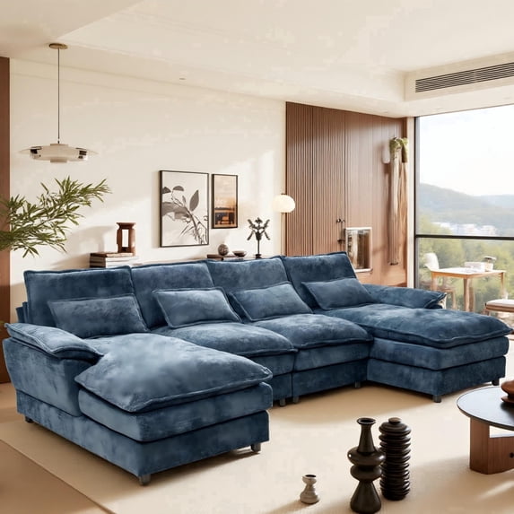 SOULART 110" Cloud Sofa,Blue U shaped Sectional couches for living room, modular couch with Chaise