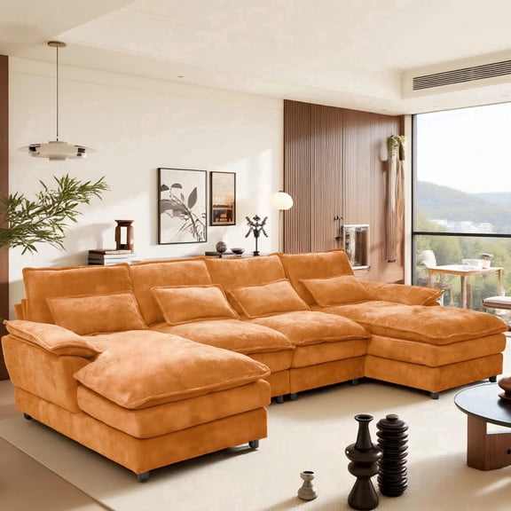 SOULART 110" Cloud Sofa,Orange U shaped Sectional couches for living room, modular couch with Chaise