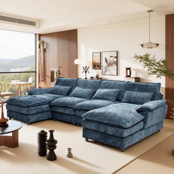 SOULART 110" Modular Sectional Sofa, Blue U Shaped Cloud Couches For Living Room, Cloud Couch Sectional With Double Cushion Sleeper Chaise