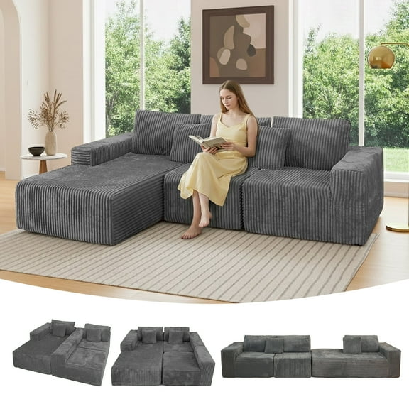 SOULART 112.99" Cloud Couch, Gray Corduroy Sectional Sofa with L-Shape Chaise, Right Facing Design for Living Room Bedroom