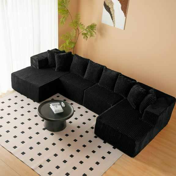 SOULART 130" Cloud Couch, Black Corduroy U-Shape Sectional Sofa for Living Room, 4-Seat Oversized Modular Couch, No Assembly