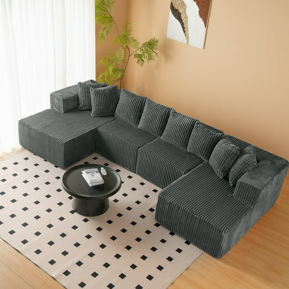SOULART 130" Cloud Couch, Dark Gray Corduroy U-Shape Sectional Sofa for Living Room, 4-Seat Oversized Modular Couch, No Assembly