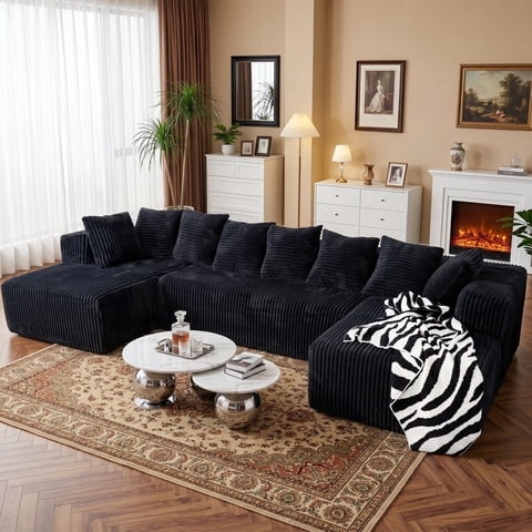 SOULART 130" Black U L-Shaped Modular Sectional Couch, U-Shaped Sofa with Chaise Lounge, Striped Corduroy Upholstered 4-Seater Sofa with Pillow Back and Square Arms