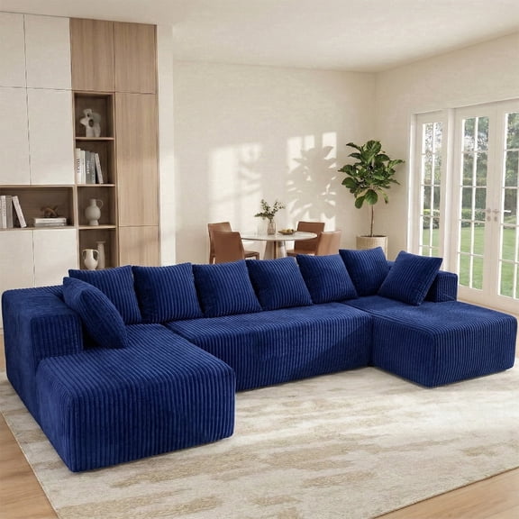 Welinhome 130'' Modular Sectional Couch, U-Shaped Sofa with Chaise Lounge, Striped Corduroy Upholstered 4-Seater Sofa with Pillow Back and Square Arms