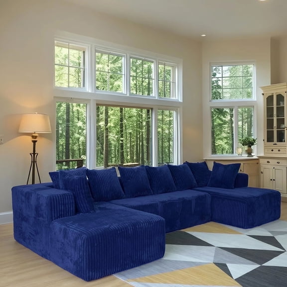 SOULART 130" Blue U L-Shaped Modular Cloud Couch, Sectional Sofa with Chaise – No Assembly, 5-Seater, Corduroy ，Boneless sofa,