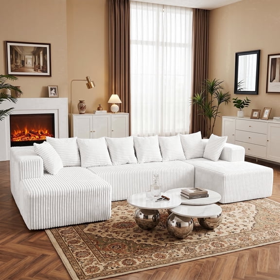 SOULART 130" White U L-Shaped Modular Cloud Couch, Sectional Sofa with Chaise – No Assembly, 5-Seater, Corduroy ,Boneless Sofa,