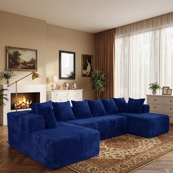 SOULART 130" Blue Sectional Modular Couch, U-Shaped Sofa with Chaise Lounge, Striped Corduroy Upholstered 4-Seater Sofa with Pillow Back and Square Arms