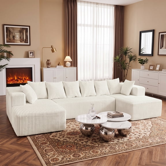 SOULART 130" White Sectional Modular Couch, U-Shaped Sofa with Chaise Lounge, Striped Corduroy Upholstered 4-Seater Sofa with Pillow Back and Square Arms
