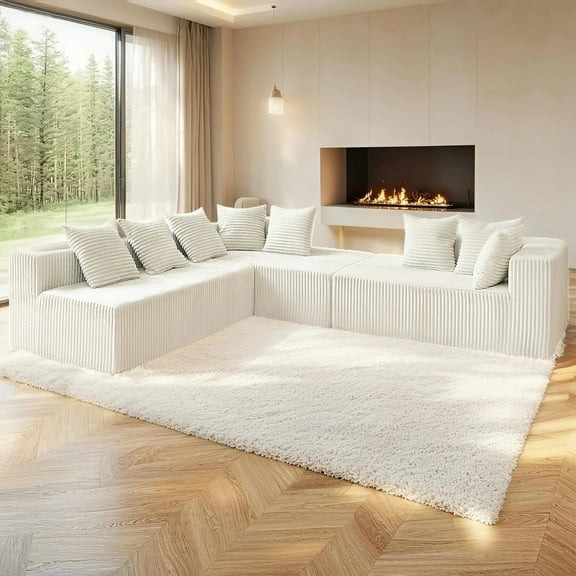 SOULART 130 U-Shaped Sofa,,Boneless Cloud Couch With Deep Seat,White Modular Sectional Sofa for Living Room Bedroom, No-Tool Assembly, Corduroy
