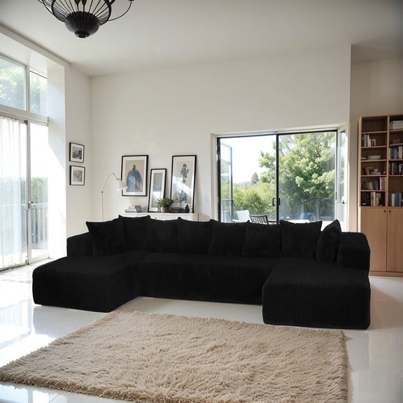 Welinhome 131" Modular U-Shaped Sectional Sofa Set, 4-Seater Corduroy Fabric with 2 Chaises & 8 Pillows (Foam+Pocket Spring)