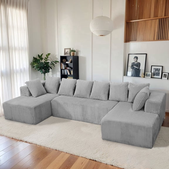 Welinhome 131" Modular U-Shaped Sectional Sofa Set, 4-Seater Corduroy Fabric with 2 Chaises & 8 Pillows (Foam+Pocket Spring)