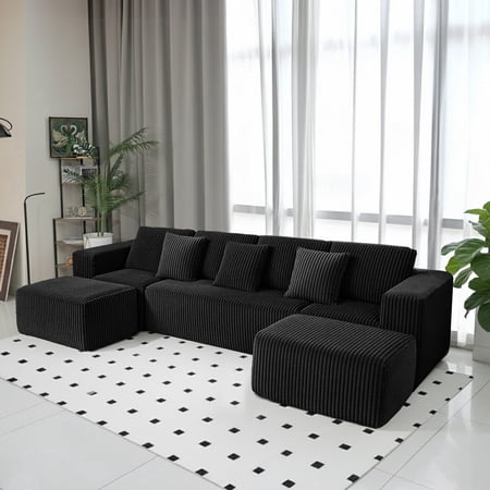 SOULART 132" Cloud Couch, Black U-Shaped Sectional Sofa for Living Room, Modular sofa with Reversible Chaise, Ultra Soft Striped Corduroy