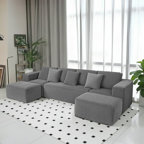 SOULART 132" Cloud Couch, Gray U-Shaped Sectional Sofa for Living Room, Modular sofa with Reversible Chaise, Ultra Soft Striped Corduroy