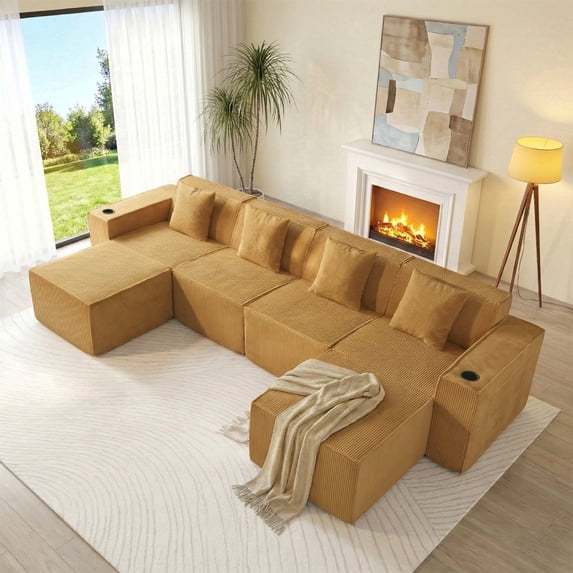 SOULART 133.84" boneless sectional couch,U shaped modular sectional sofa, cloud couches for living room, No Assembly Required, Brown