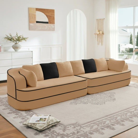 SOULART 134.7" Cloud Couch, Brown Teddy Fabric Sectional Sofa for Living Room, No Assembly Fluffy Comfy Couch with Contrast Color Design