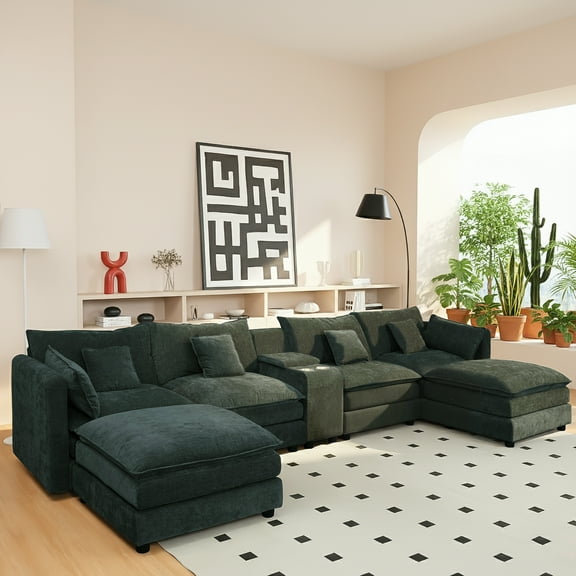 SOULART 144" Cloud Couch, Black-Gray U-Shaped Sectional Sofa for Living Room, Modern sofa with Ottoman, Storage Box & Cup Holders & Chenille Fabric