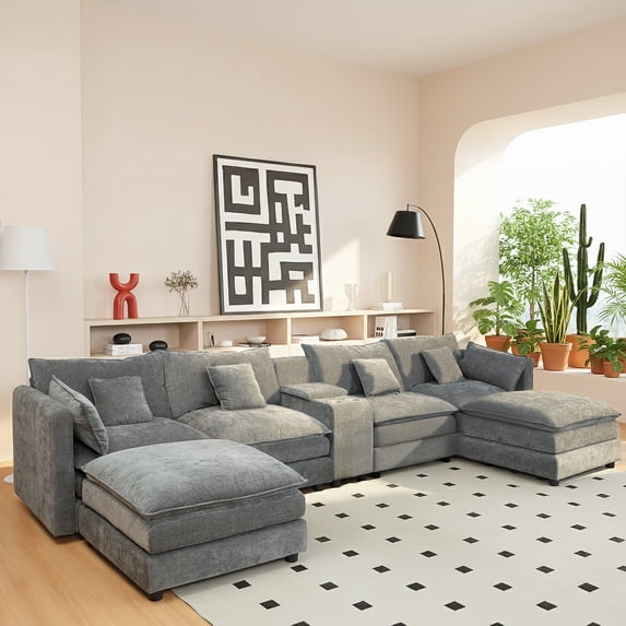 SOULART 144" Cloud Couch, Gray U-Shaped Sectional Sofa for Living Room, Modern sofa with Ottoman, Storage Box & Cup Holders & Chenille Fabric