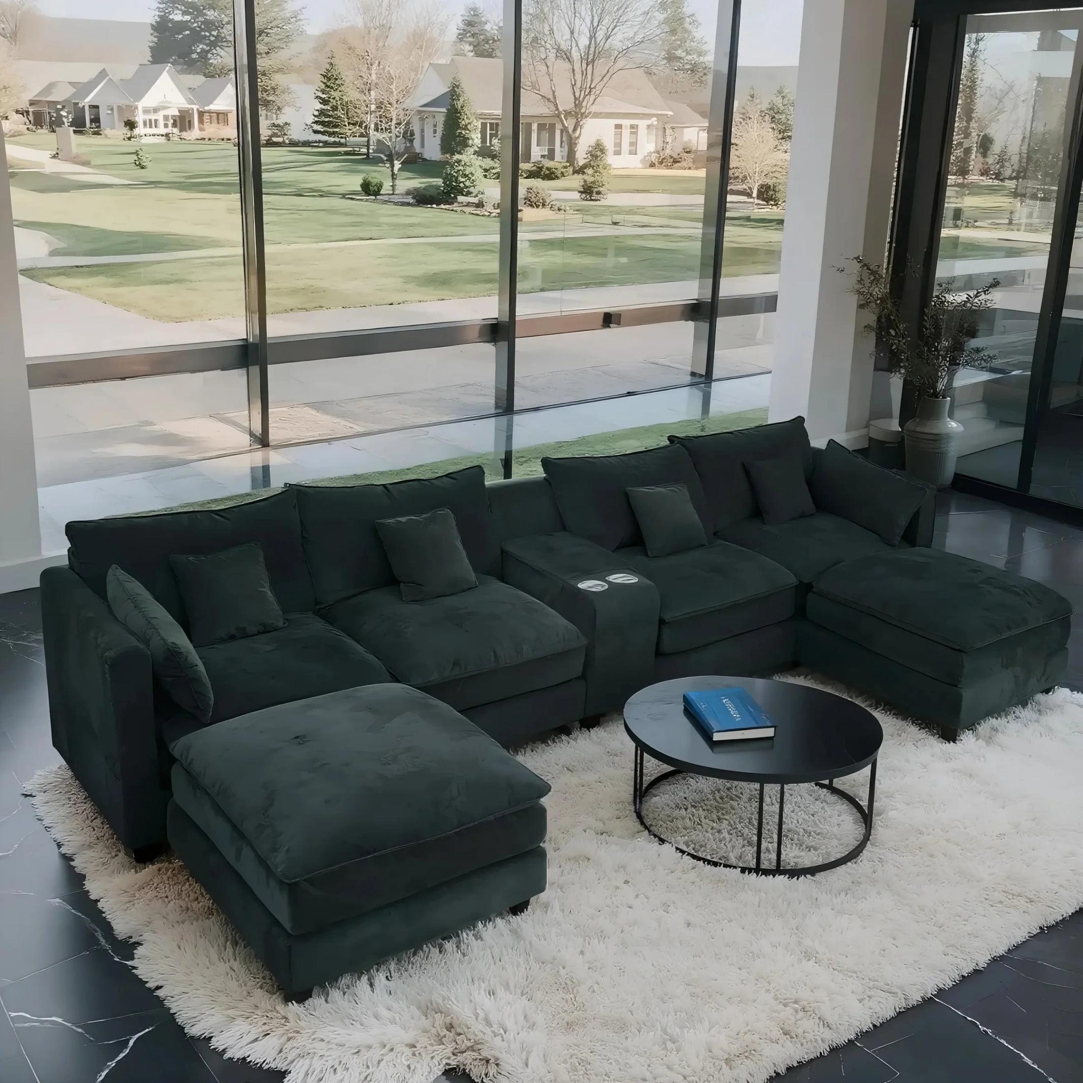 SOULART 144 U Shaped Couch Living Room Furniture - Black-gray Couch Cloud Modular Sectional Sofa with Ottoman, Chenille 6-Seat, Console & Cup Holders