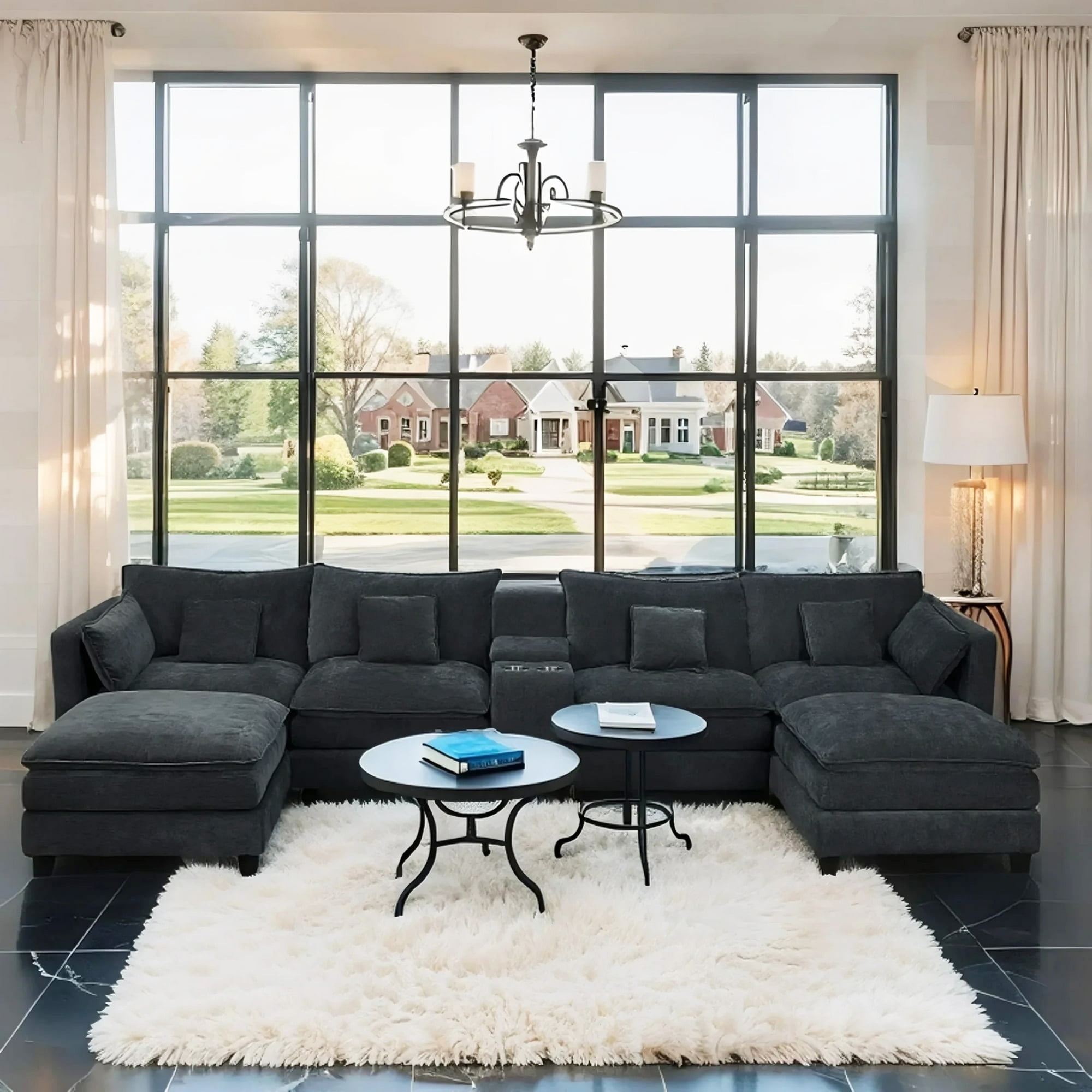 SOULART 144 U Shaped Couch Living Room Furniture - Black-gray Couch Cloud Modular Sectional Sofa with Ottoman, Chenille 6-Seat, Console & Cup Holders