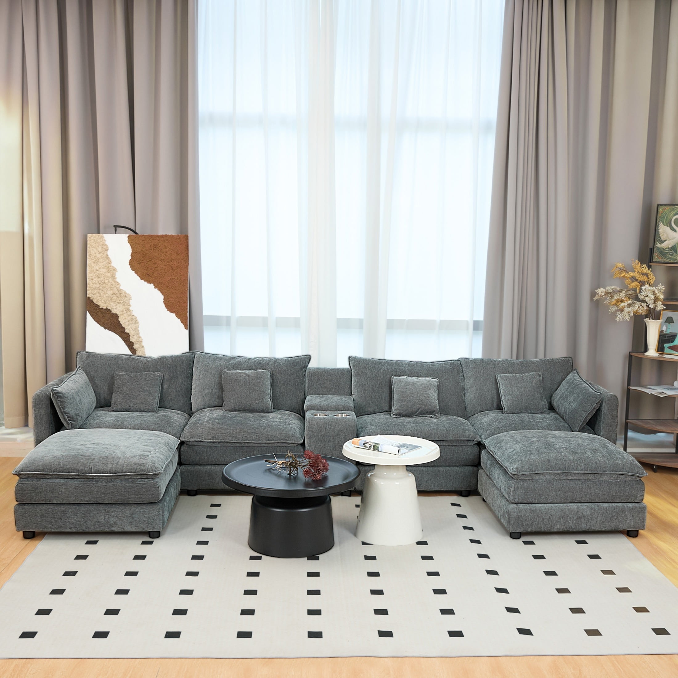 SOULART 144 U Shaped Couch Living Room Furniture - Gray Couch Cloud Modular Sectional Sofa with Ottoman, Chenille 6-Seat, Console & Cup Holders
