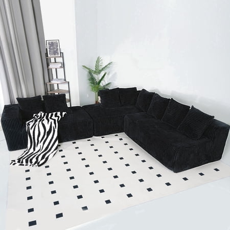 Welinhome 5-Seater 119" Modular Sectional Sofa Couch with Reversible Chaise, Comfy Corduroy Fabric, Oversized U/L-Shaped Sofa for Living Room, No Assembly Required, black