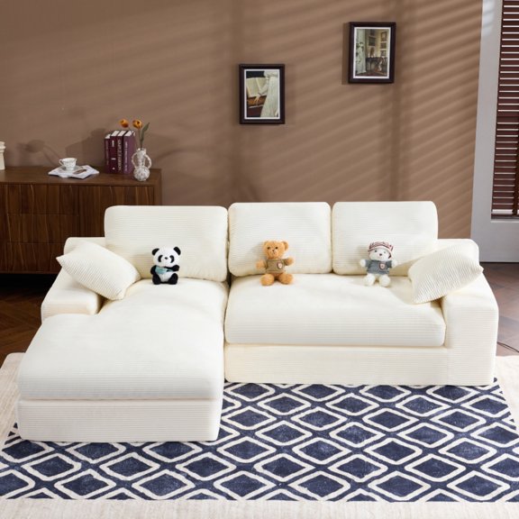 SOULART 98.40" Cloud Couch, White L-shaped Sectional Sofa for Living Room, Soft Corduroy Fabric with 3 Back & 2 Throw Pillows, Skin-Friendly Compressed Sofa for Cozy Space